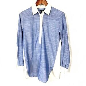 NWT- Ann Taylor Women's 1/2 Button Tunic Blouse Blue White Long Sleeve sz XS